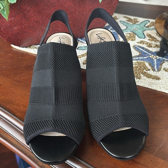 Brand New Life Stride Flex Black Fabric Stretch Fly Knit Slingback Heels Sandals - Picture 2 of 14